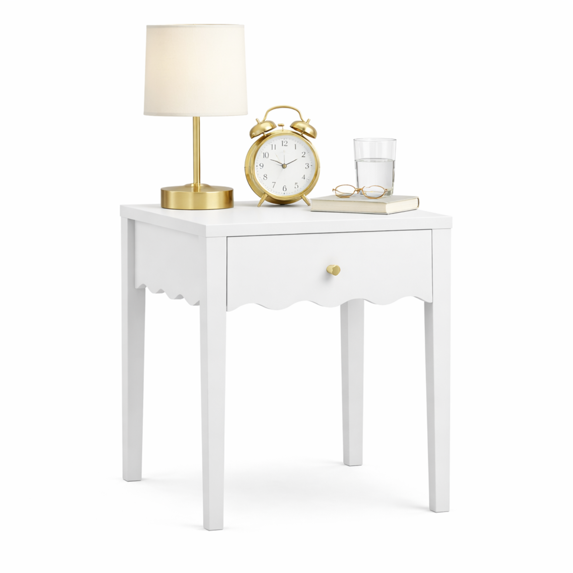 White Nightstand with Drawer, Modern Bedside Table with Wavy Apron Design, Compact End Table for Bedroom Living Room, Small Side Table with Storage - Grand Goldman Shop