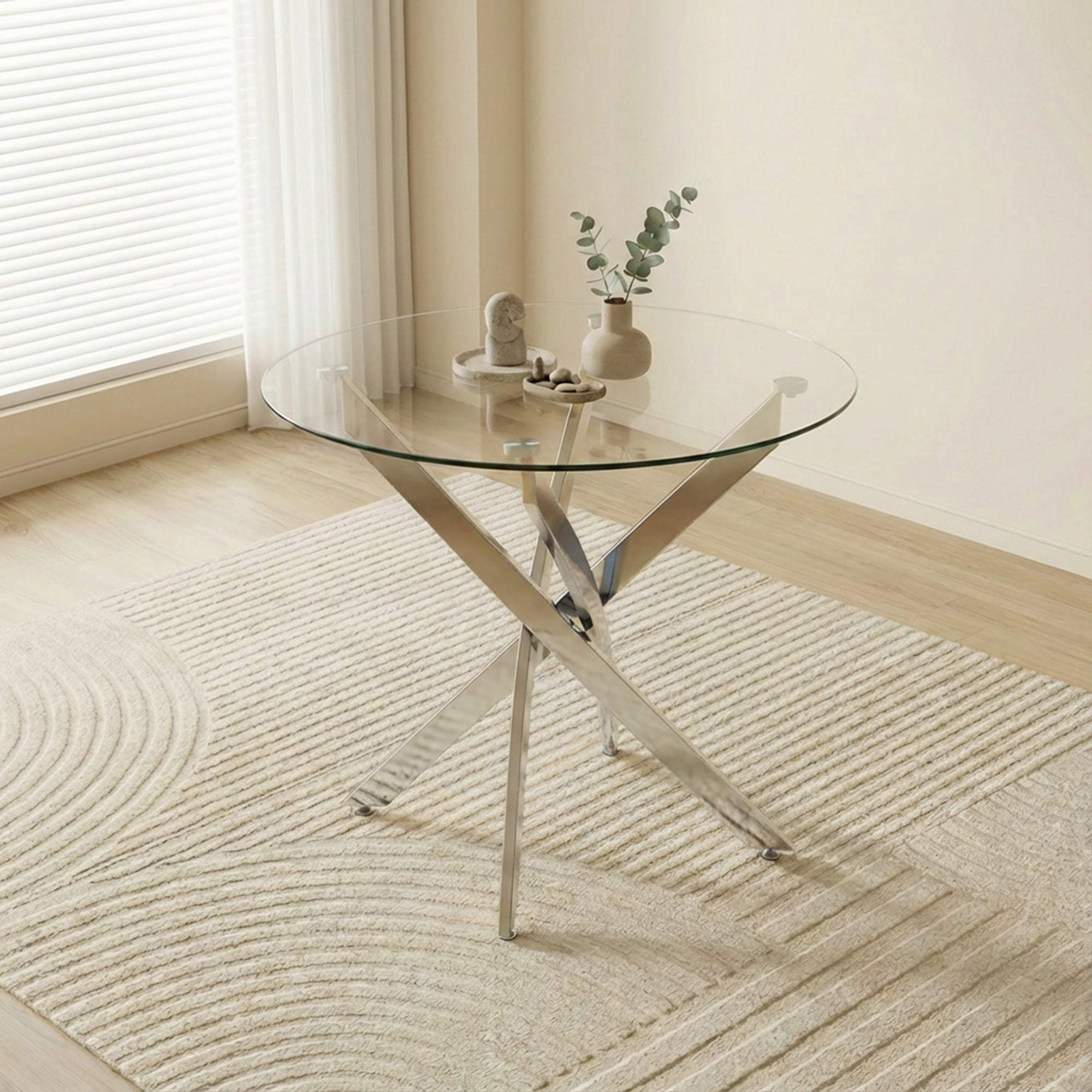 Round Dining Table, 35.5' Glass Dining Table with Silver Legs, Modern Kitchen Table for Home Kitchen, Dining Room - Grand Goldman Shop