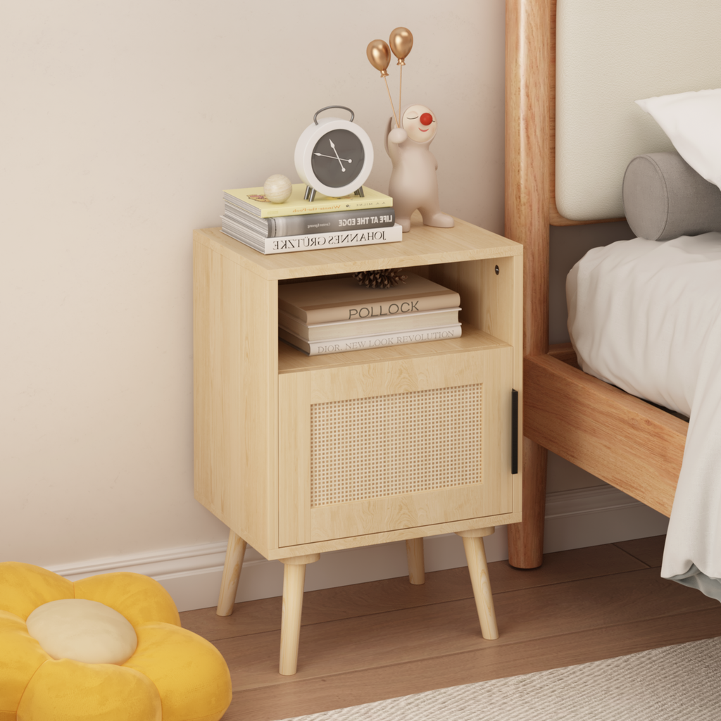 Oak Finish Rattan Nightstand with Solid Wood Legs, 22.83'' H Side Table with Door and Open Shelf for Bedroom, Dorm, and Small Spaces - Grand Goldman Shop