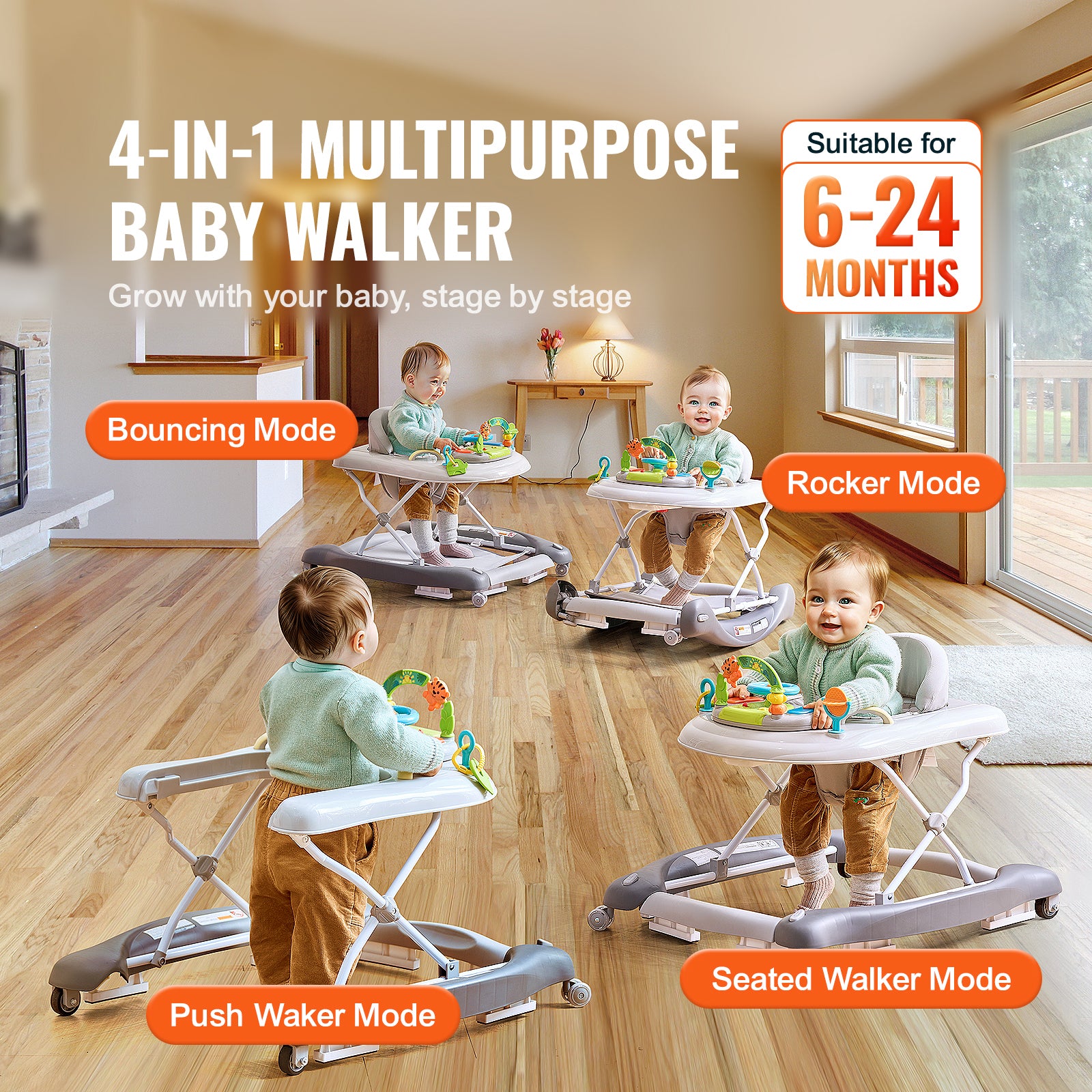 4-in-1 Baby Walker, Foldable Baby Activity Center on Wheels, 3 Adjustable Height, Music & Toys Tray, Learning-Seated,Walk-Beh