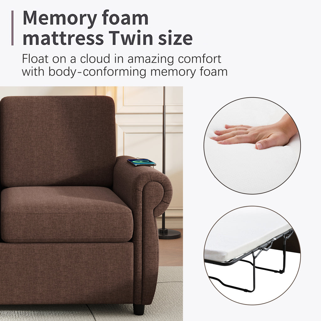 Orisfur Pull Out Sofa Bed Loveseat Sleeper with Twin Size Memory Mattress, USB Ports, Brown Linen, 57.9' - Grand Goldman Shop