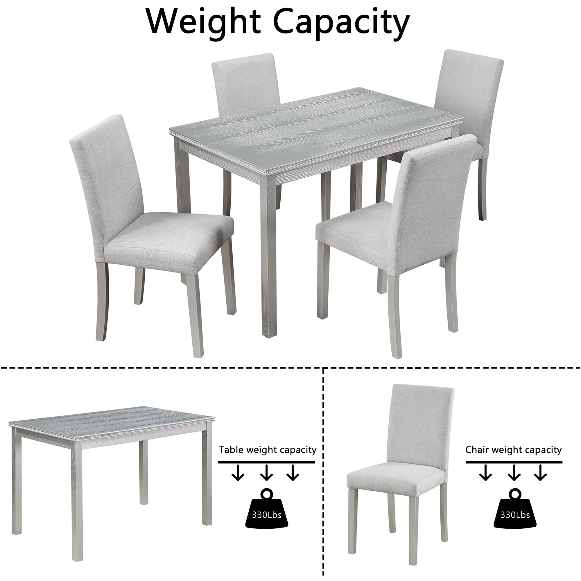 5 Piece Wooden Dining Table Set, Kitchen Table Set with a Rectangular Table and 4 Upholstered Chairs, Wooden Dining Room Table with Crystal Decoration and Chairs Set, Silver grey - Grand Goldman Shop