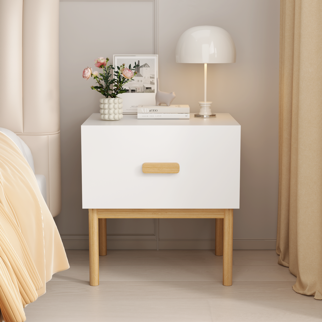 Modern White Nightstand with Drawer and Wood Legs, Minimalist Bedside Table with Handle for Bedroom, Living Room, Apartment - Grand Goldman Shop