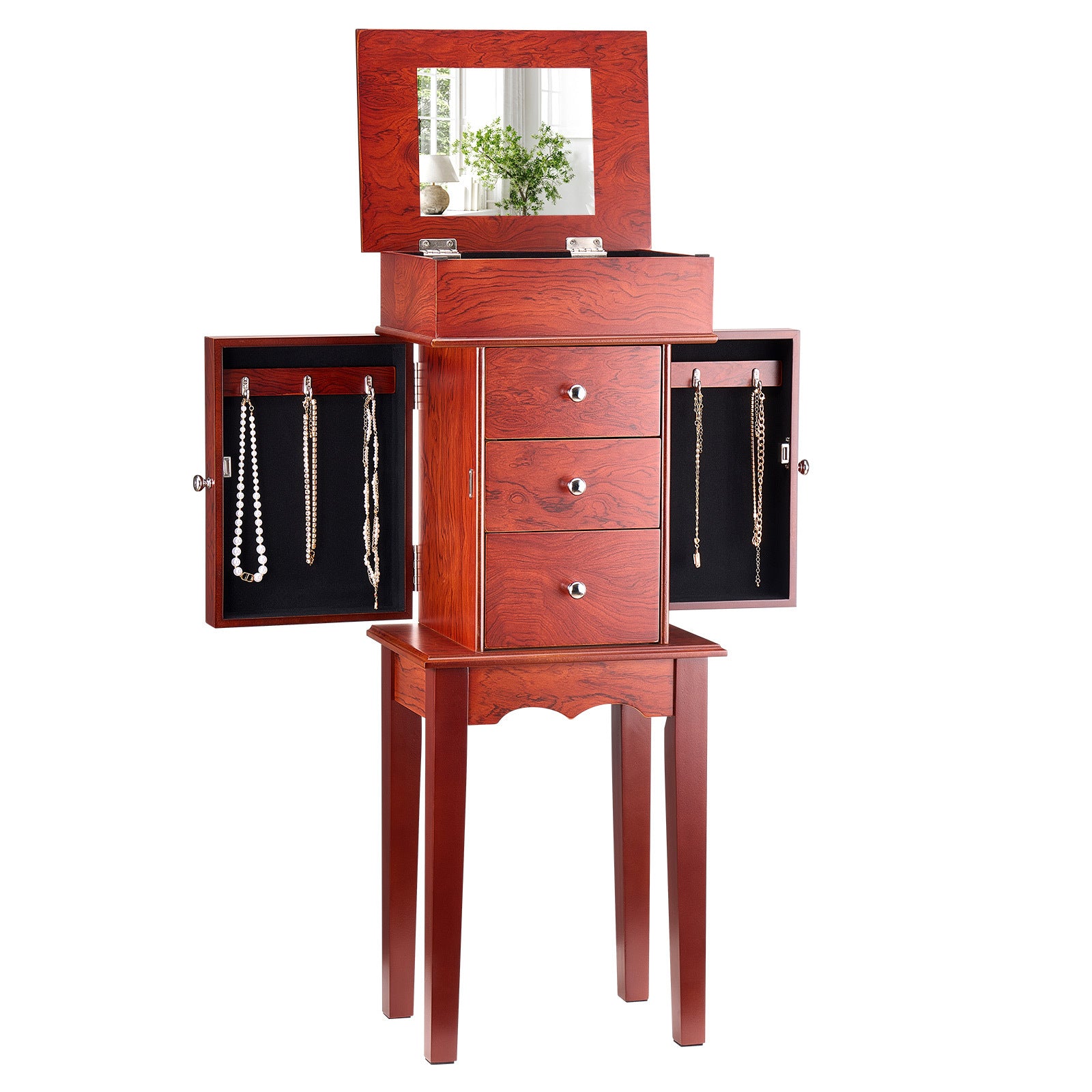Jewelry Cabinet Armoire Standing Jewelry Storage Chest with 3 Drawers & Mirror - Grand Goldman Shop