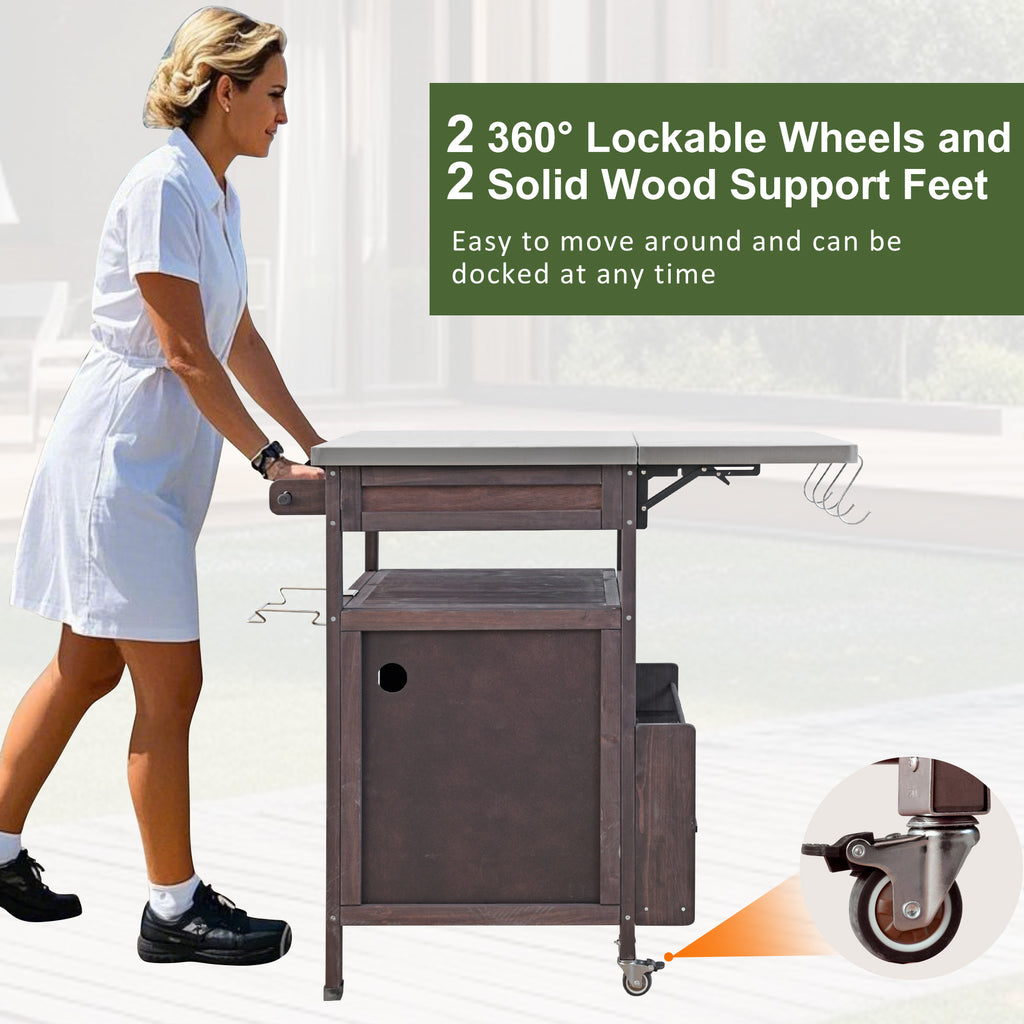 K&K 40.5' Outdoor Grill Cart with Stainless Steel Top, Solid Wood Outdoor Storage Cabinet with Drop Leaf, One Drawer, Towel Rack, Rolling Kitchen Cart with Lockable Wheels for Lawn Garden, Brown - Grand Goldman Shop