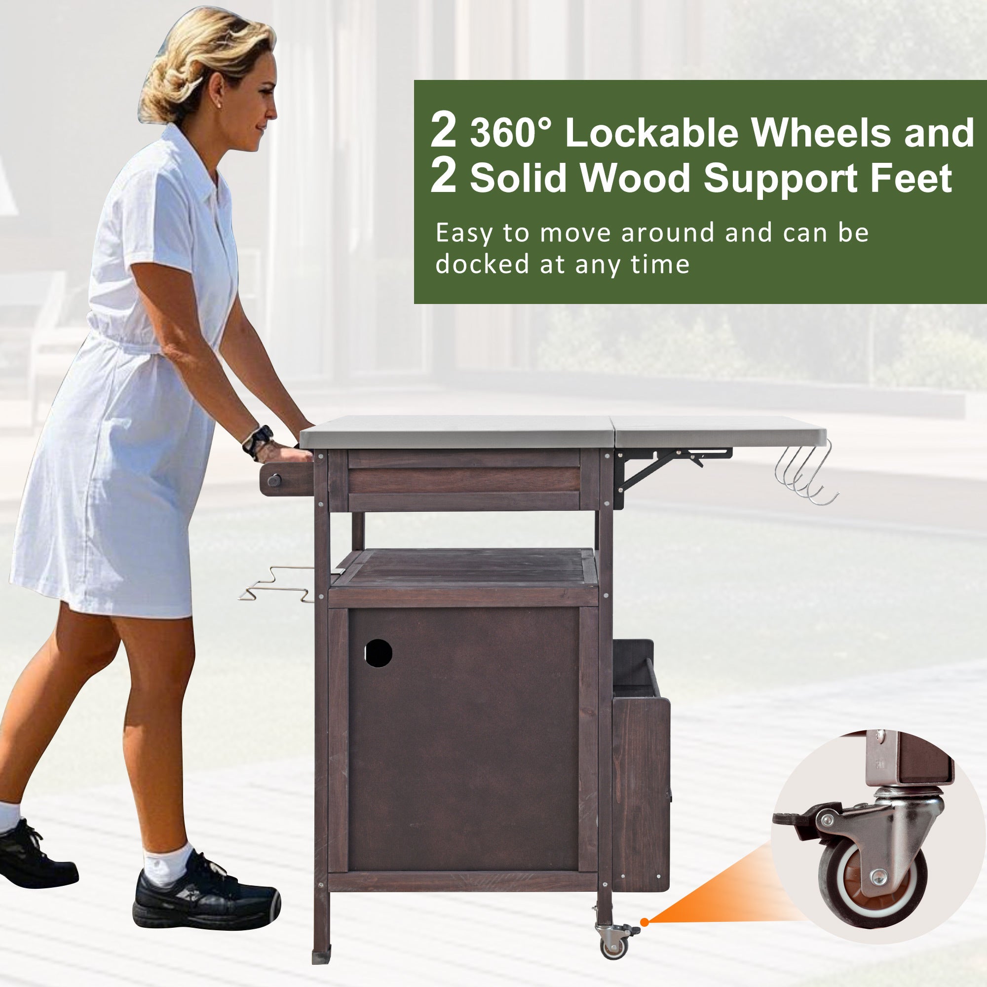 K&K 40.5' Outdoor Grill Cart with Stainless Steel Top, Solid Wood Outdoor Storage Cabinet with Drop Leaf, One Drawer, Towel Rack, Rolling Kitchen Cart with Lockable Wheels for Lawn Garden, Brown - Grand Goldman Shop