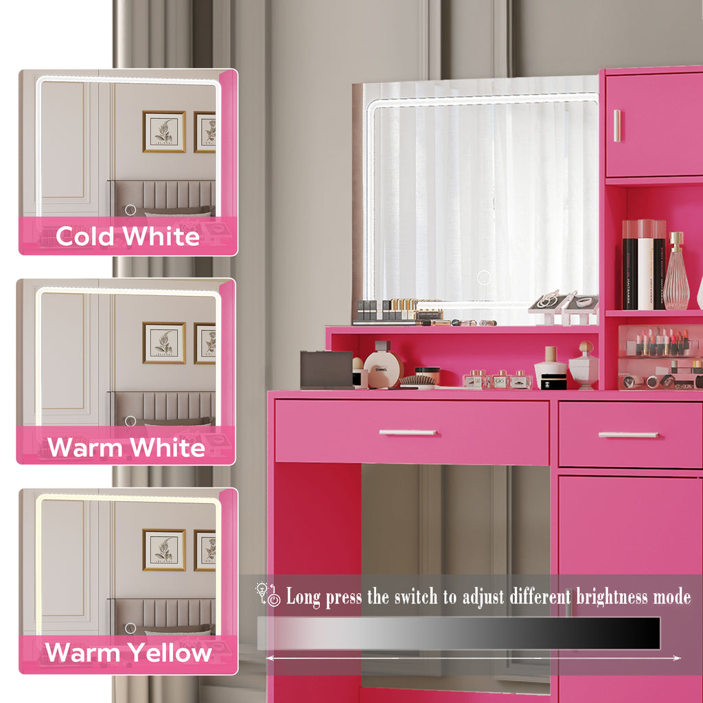 Vanity Desk with Mirror and LED Light Strip,Dressing Table with Large Drawer, 3 Level Storage Dresser & 3 Lighting Modes Adjustable Brightness, Suitable for Bedroom(Rose Pink) - Grand Goldman Shop