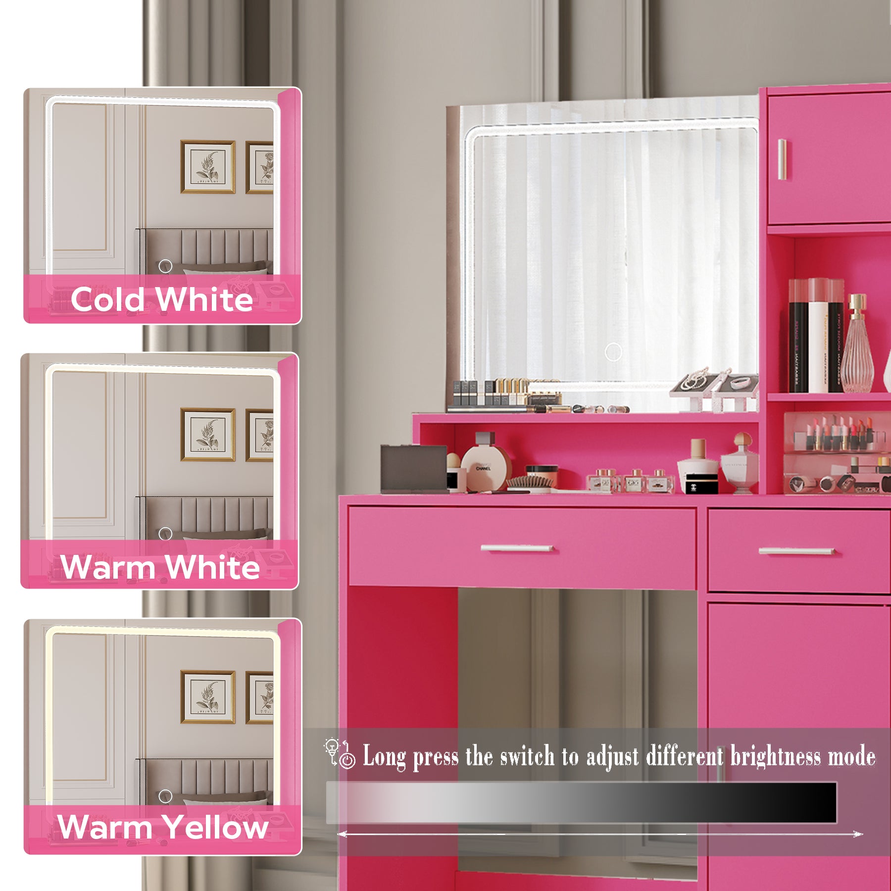 Vanity Desk with Mirror and LED Light Strip,Dressing Table with Large Drawer, 3 Level Storage Dresser & 3 Lighting Modes Adjustable Brightness, Suitable for Bedroom(Rose Pink) - Grand Goldman Shop