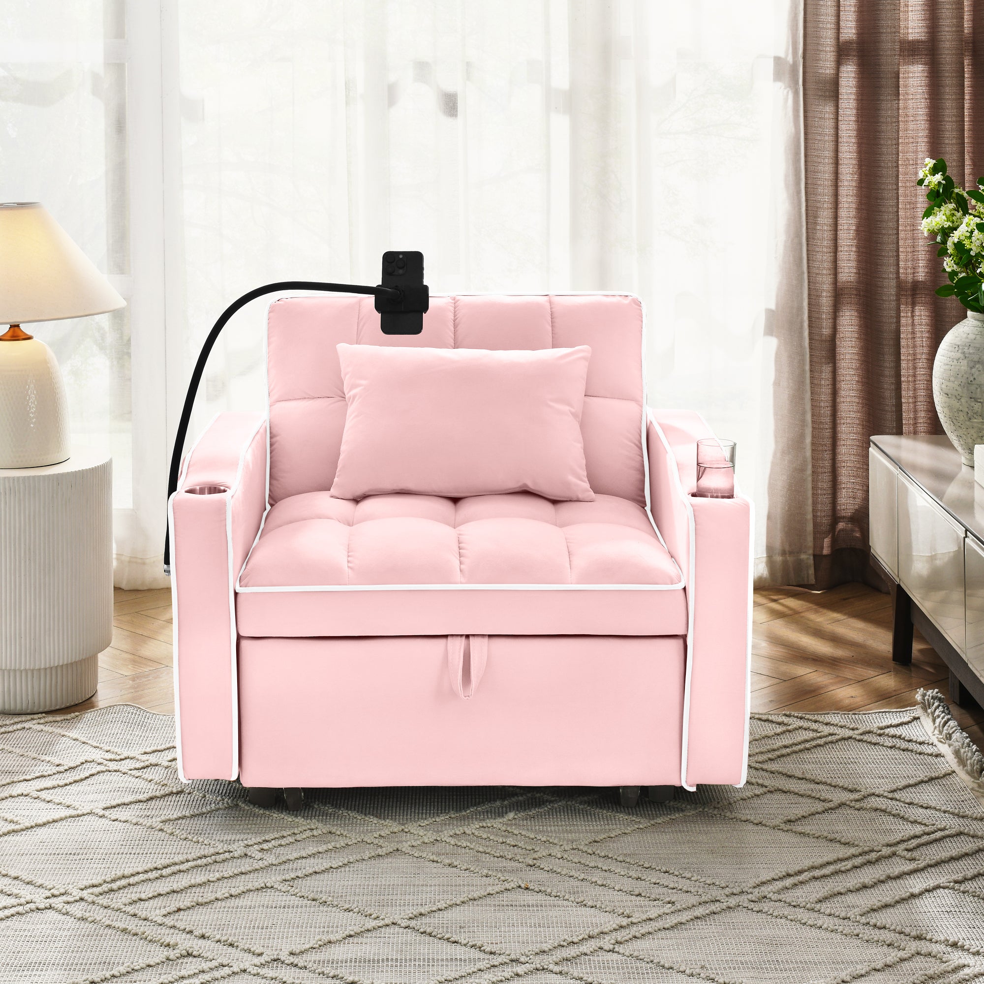 Convertible Sleeper Chair Sofa Bed Adjustable Pull Out Sleeper Chair Bed Multi-Pockets Folding Sofa Bed for Living Room Bedroom Small Space,3-in-1 Sofa Bed(PINK) - Grand Goldman Shop