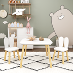 Rabbit Themed Kids Table and 2 Chairs Set, White Solid Wood & MDF Play Table with Rounded Edges, 3-Piece Toddler Furniture fo