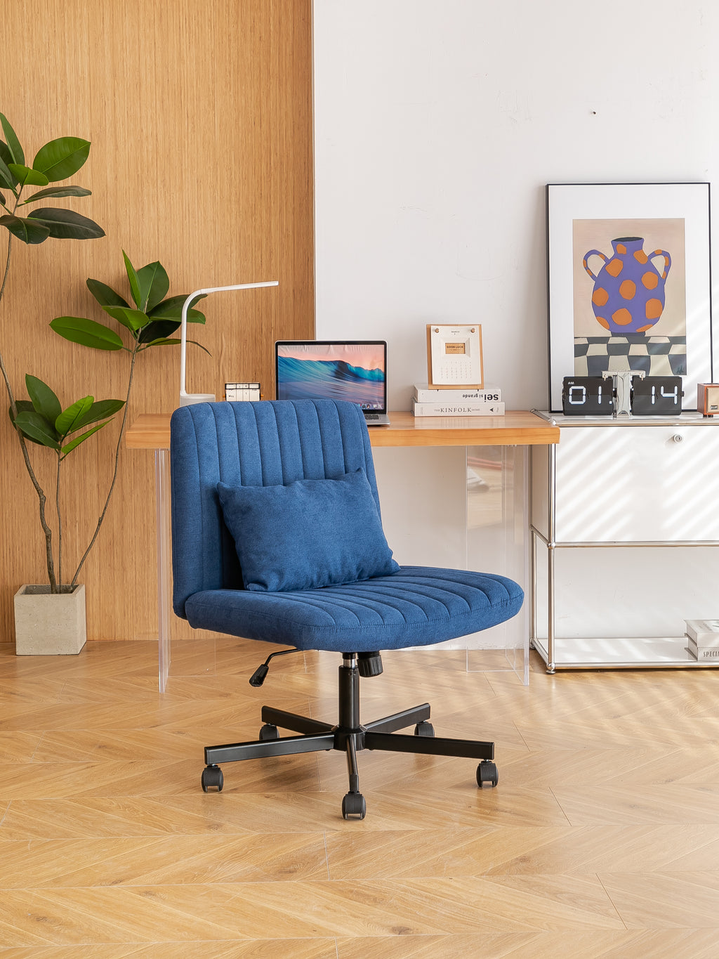 Modern Linen Blue Criss Cross Office Chair with Adjustable Height, Ergonomic Design, and Breathable Fabric in Blue Linen Mate