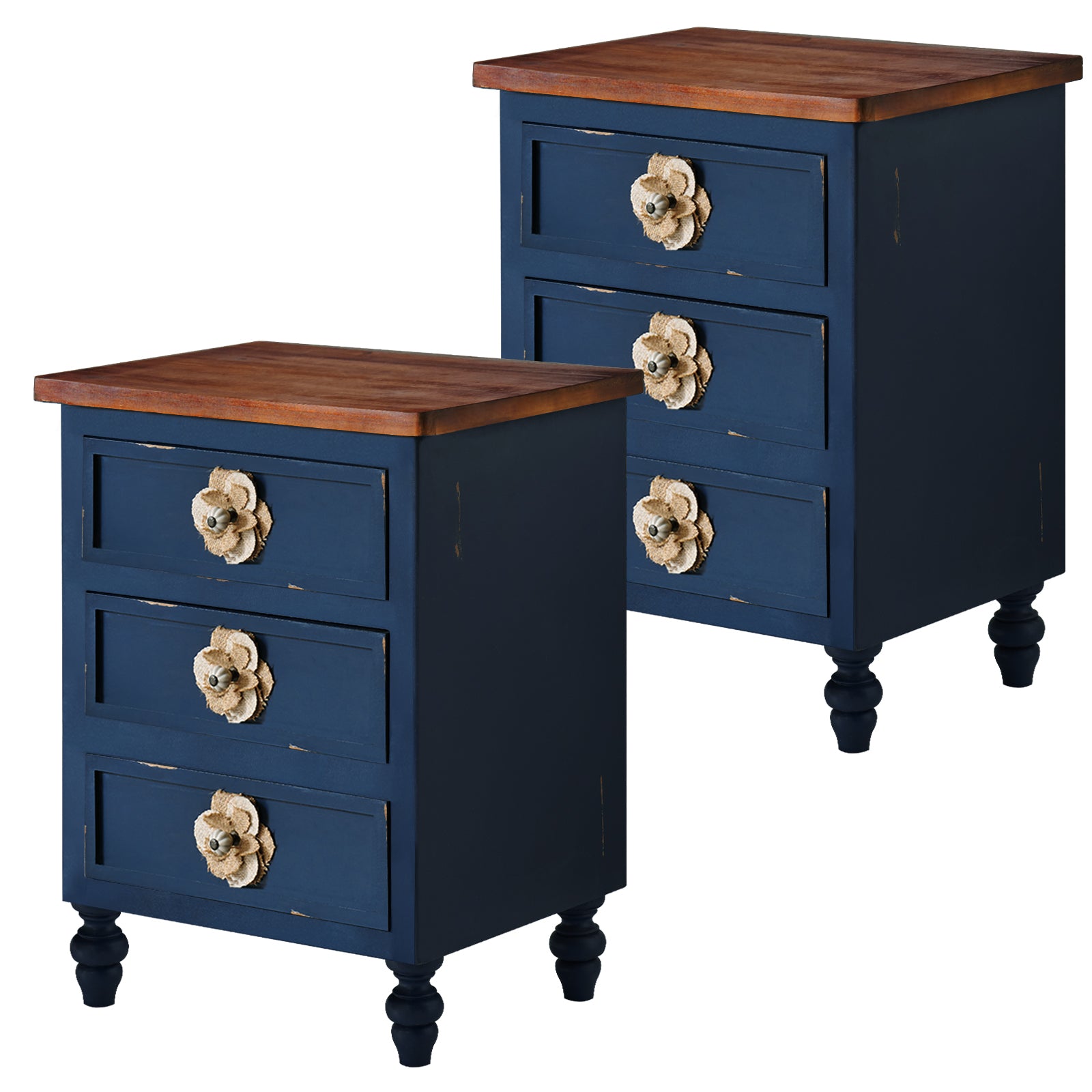 Vintage Farmhouse End Table with Floral Knobs – 19' Rustic Nightstand with 3 Drawers & Gourd Legs,Bedside or Sofa Accent Table, Almost Fully Assembled, Blue - Grand Goldman Shop