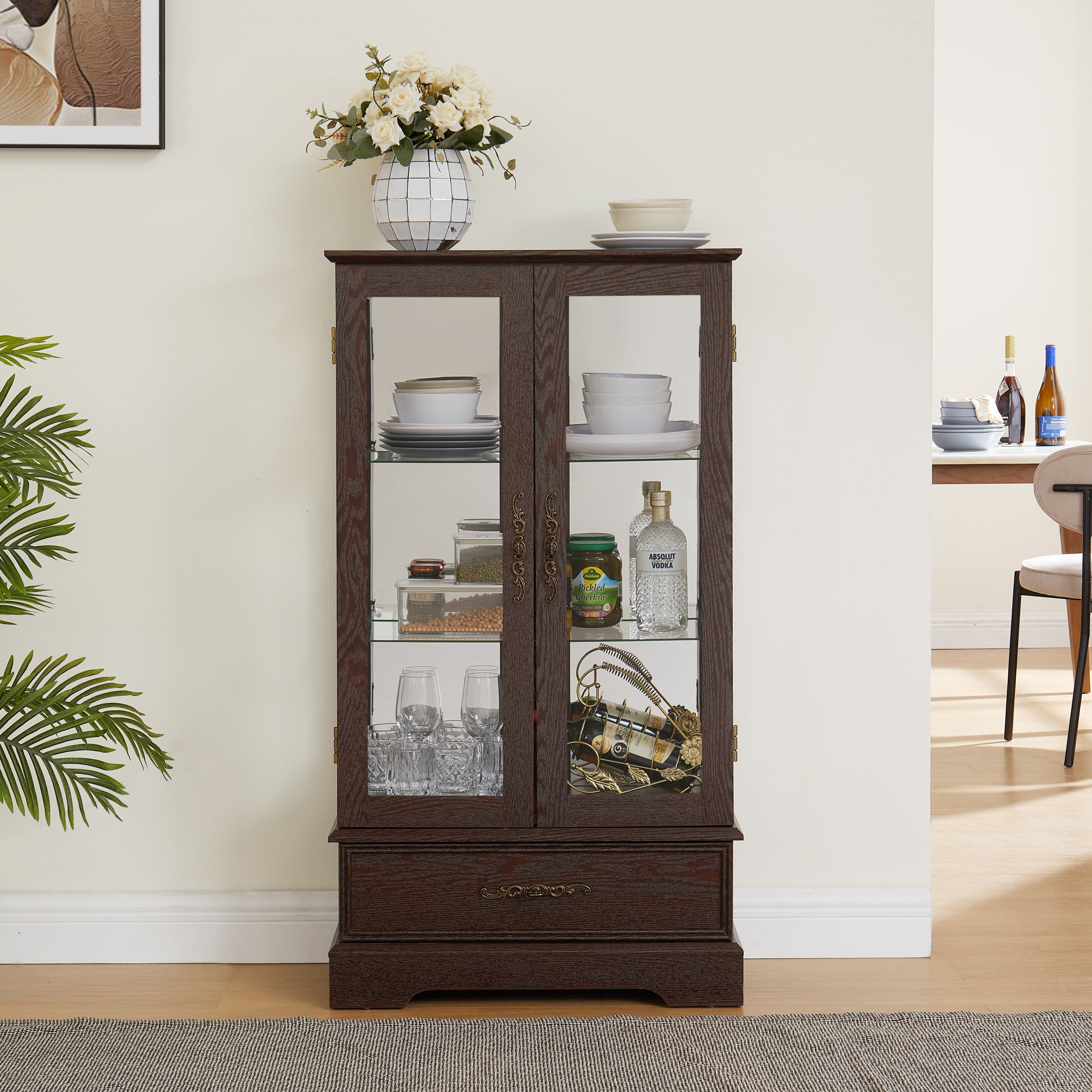 Glass Cabinet Lighted Glass Cabinet Curio Display Cabinet with Adjustable Glass Shelves 2 Doors and 1 drawer Cabinet Bulb Included Cherry - Grand Goldman Shop