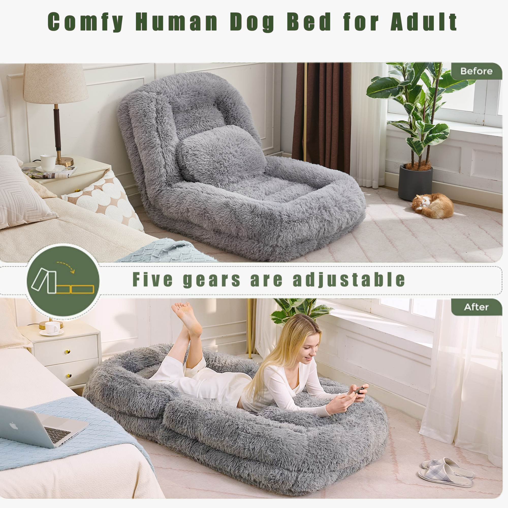 [NEW ARRIVED] [VIDEO PROVIDED] Human Dog Bed,Lazy Sofa,5-Position Adjustable Convertible,Floor Gaming Chair,bedroom, living room,Suitable for gaming, meditation,relaxation,Plush Fabric,Light Gray - Grand Goldman Shop
