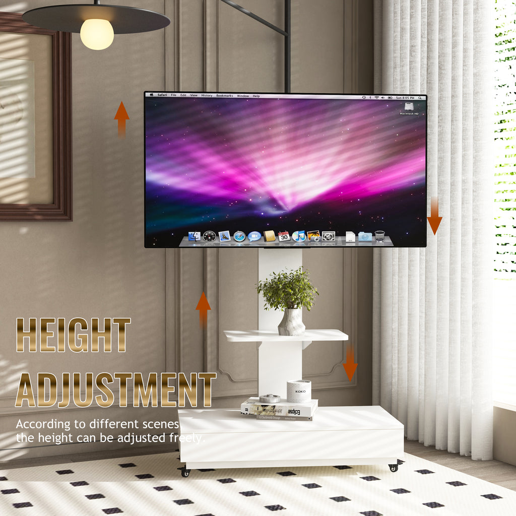 Versatile TV Stand with Push-Pull Drawer, Adjustable Height, Mobile Cart with Wheels, White MDF & Metal, 32-75 Inches - Grand Goldman Shop
