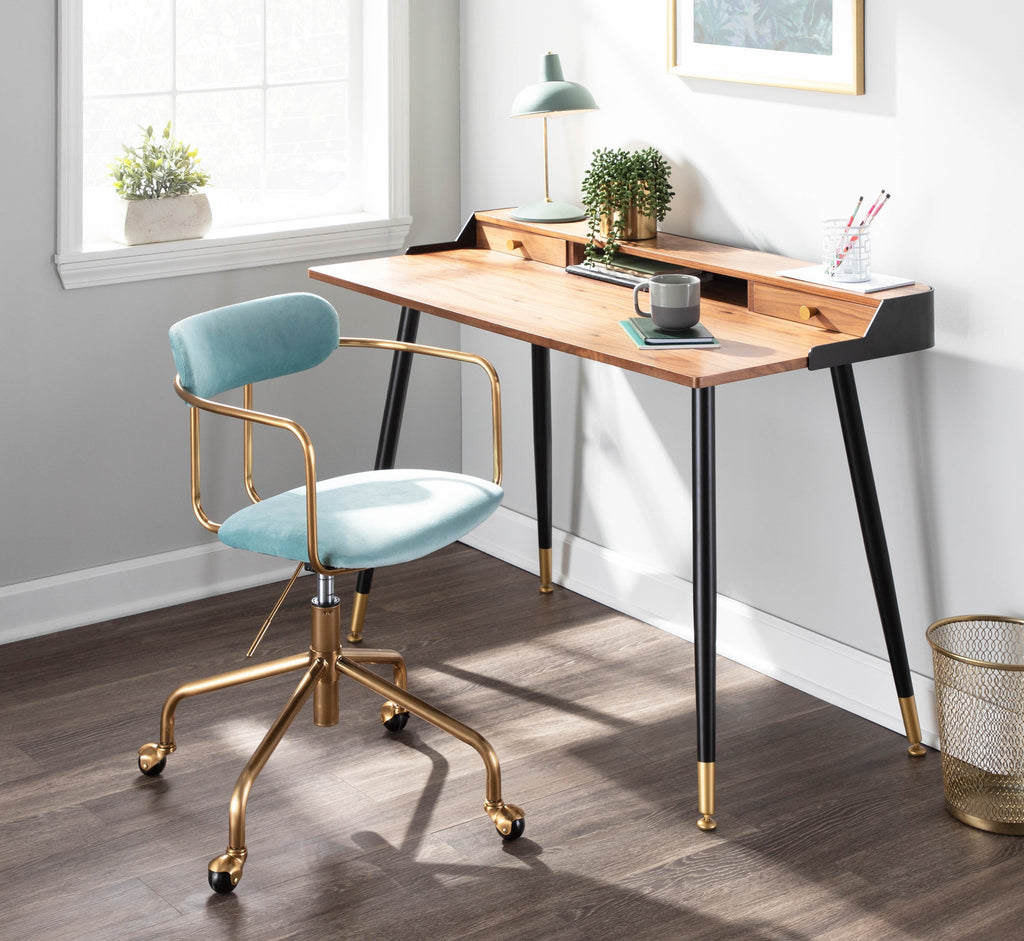 Contemporary Office Chair in Gold Metal and Light Blue Velvet | Premium Home Decor - Grand Goldman