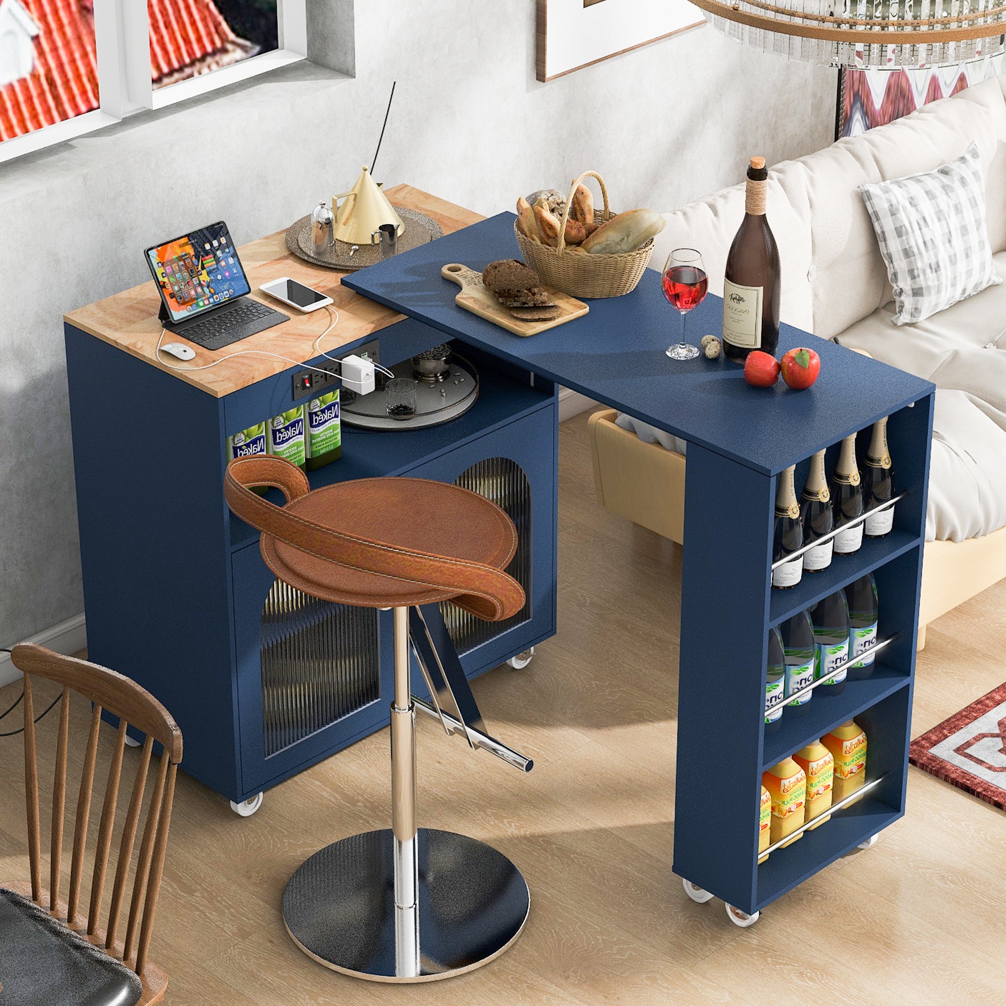 K&K Rolling Kitchen Island With Extended Table, Kitchen Island on Wheels with LED Lights,Power Outlets and 2 Fluted Glass Doors, Kitchen Island with a Storage Compartment and Side 3 Open Shelves, Navy - Grand Goldman Shop