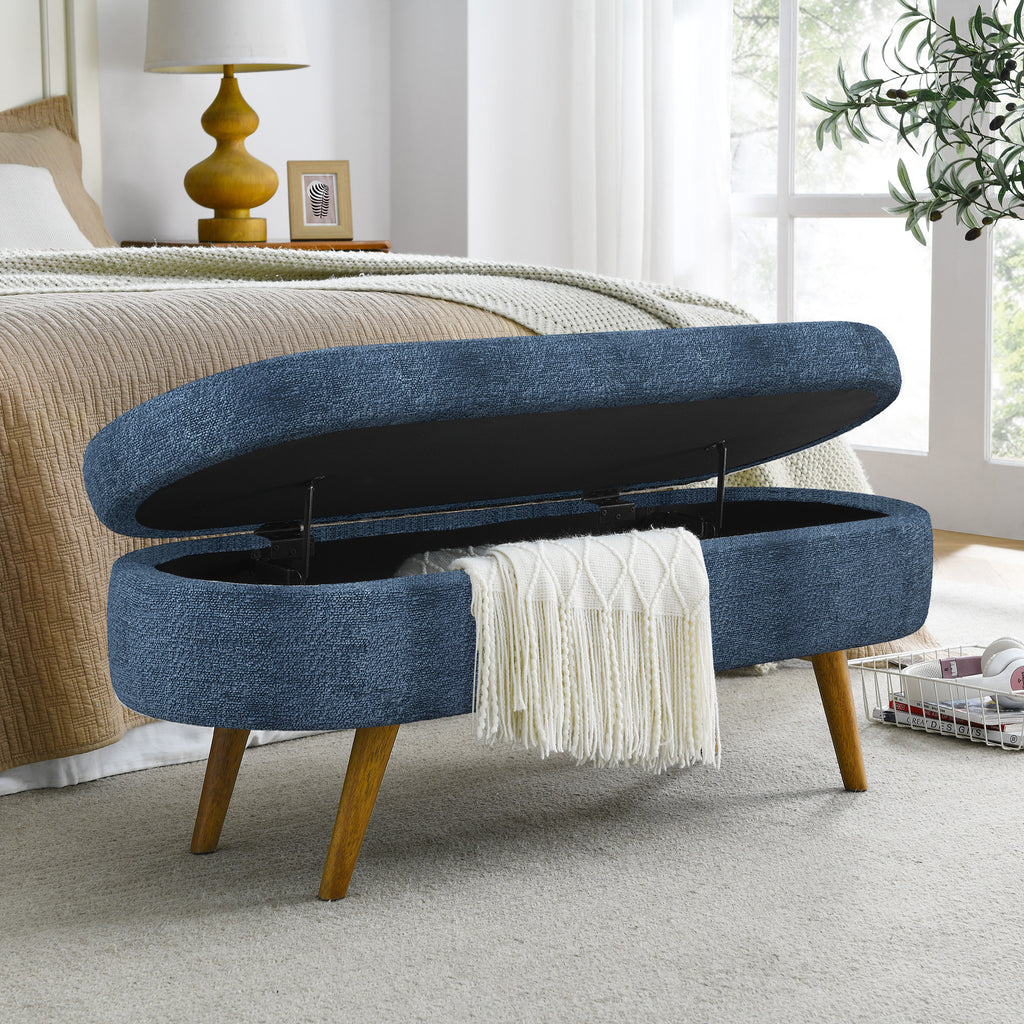 Modern Ottoman Oval Storage Bench with Rubber Wood Legs, Dark Blue Fabric, 43.5'x16'x16' - Grand Goldman Shop