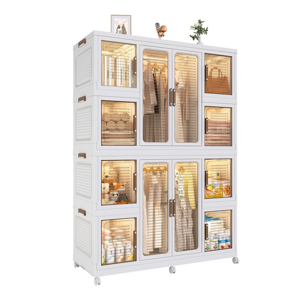 Portable Wardrobe Closet Storage Organizer for Clothes with Magnetic Doors, 12 Cubes & 2 Hanging Rods, White - Grand Goldman Shop