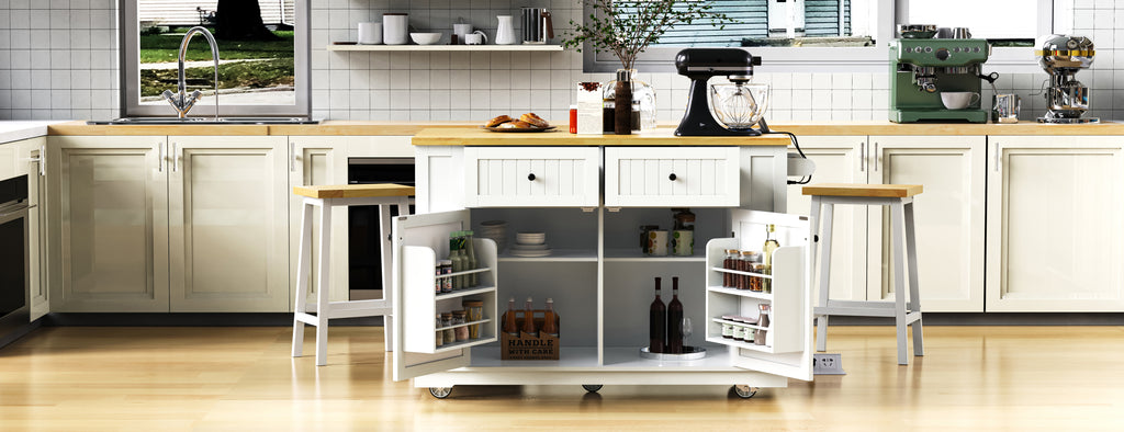 48 inch Kitchen Island with Drop Leaf,Power Outlet,Internal Storage Rack,Rolling Kitchen Storage Cart on 5 Wheels with 5 Open Side Racks for Kitchen,White (Old SKU N707P257057W)(Not Include Stools) - Grand Goldman Shop