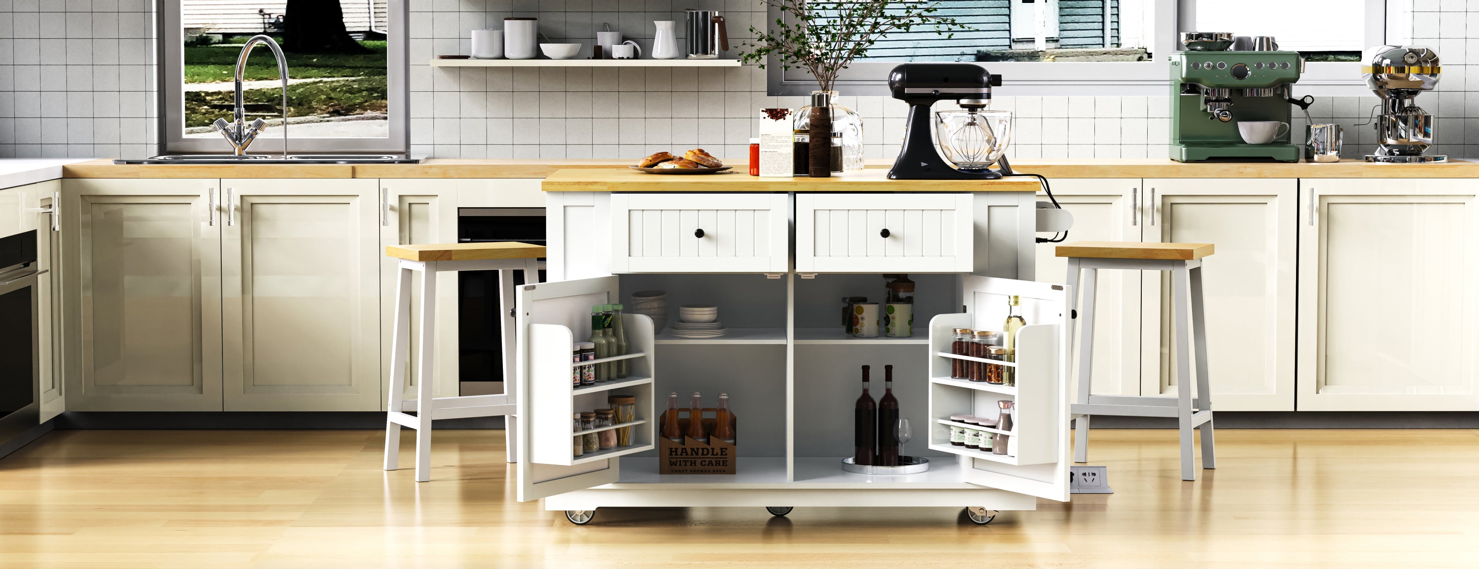 48 inch Kitchen Island with Drop Leaf,Power Outlet,Internal Storage Rack,Rolling Kitchen Storage Cart on 5 Wheels with 5 Open Side Racks for Kitchen,White (Old SKU N707P257057W)(Not Include Stools) - Grand Goldman Shop