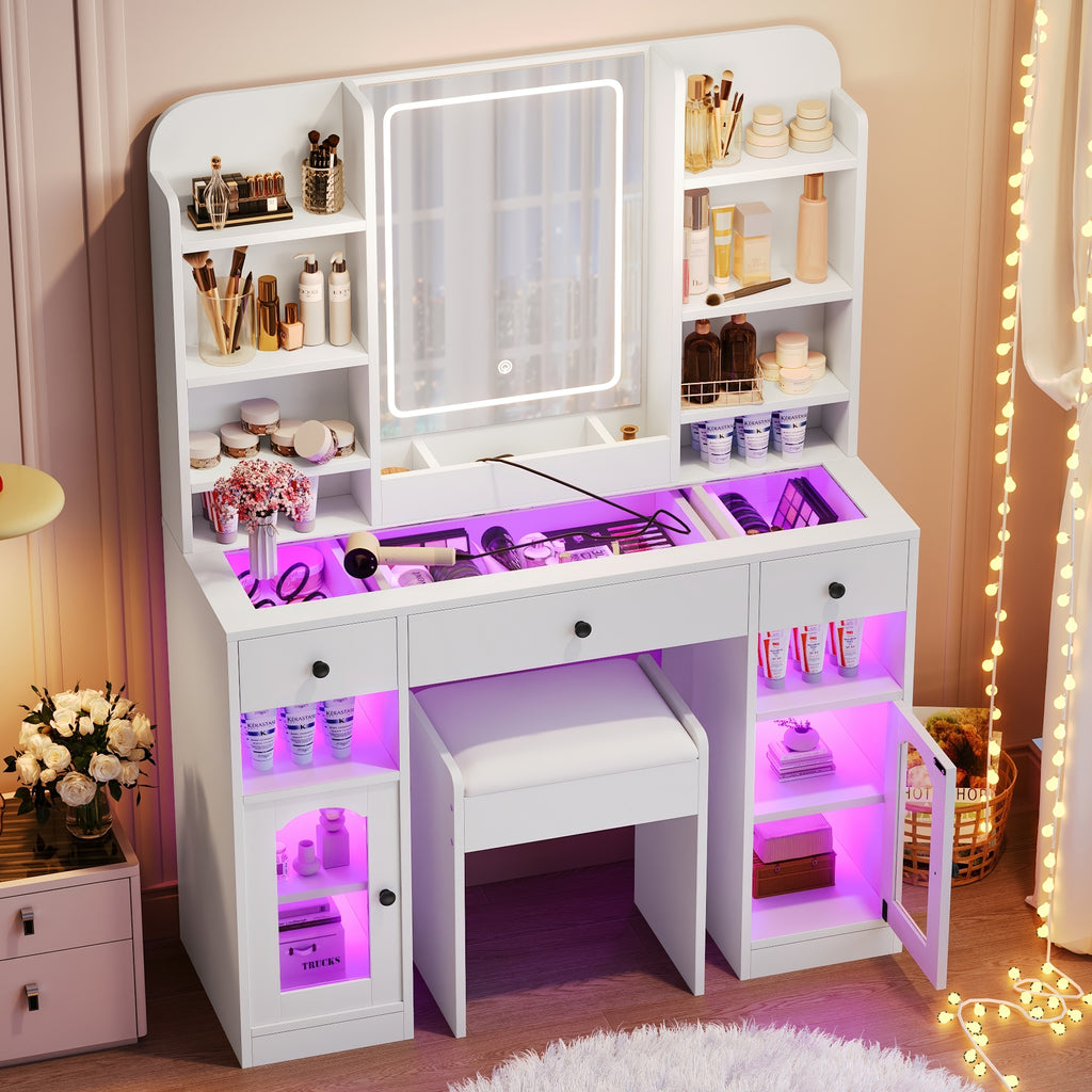 43.2' Vanity Desk with LED Mirror and Lights, Glass Top Vanity with RGB Glass Light Cabinets, Dressing Table with 3 Drawers ,Storage Shelves and Stool for Bedroom, White - Grand Goldman Shop