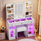 43.2' Vanity Desk with LED Mirror and Lights, Glass Top Vanity with RGB Glass Light Cabinets, Dressing Table with 3 Drawers ,Storage Shelves and Stool for Bedroom, White - Grand Goldman Shop