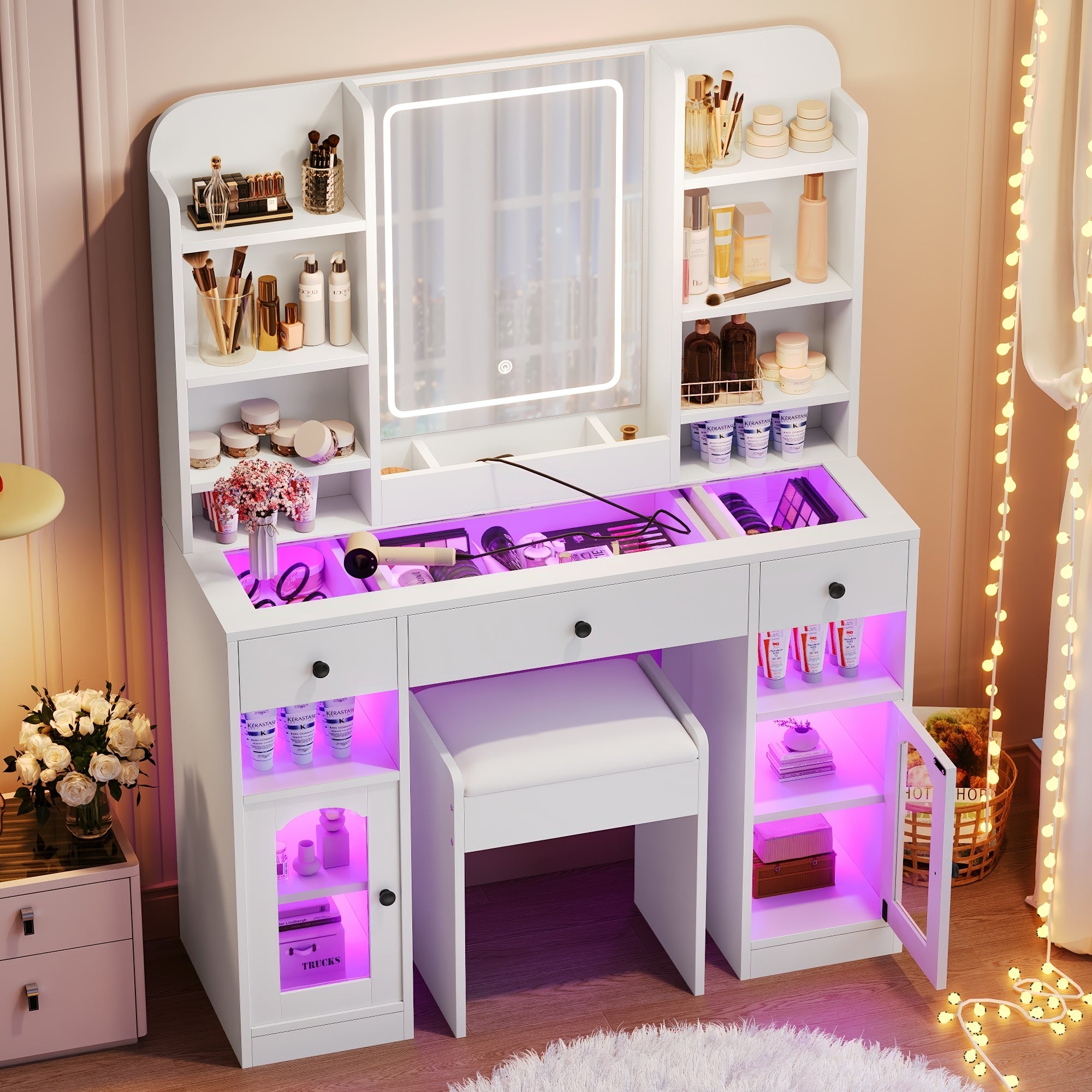 43.2' Vanity Desk with LED Mirror and Lights, Glass Top Vanity with RGB Glass Light Cabinets, Dressing Table with 3 Drawers ,Storage Shelves and Stool for Bedroom, White - Grand Goldman Shop