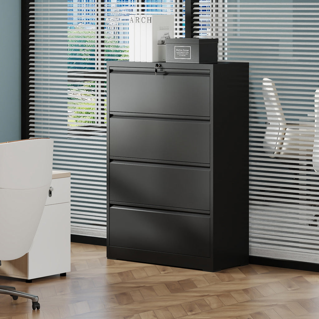 4 Drawer Lateral File Cabinet, Heavy Duty Metal Filing Cabinet in Black, Eco-Friendly Cold-Rolled Steel, 35.4 Inch Wide for H