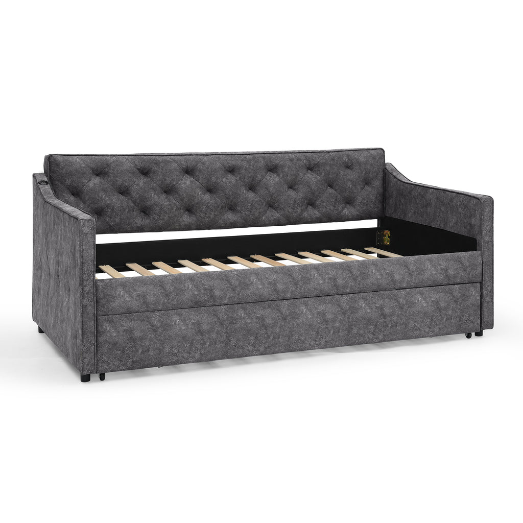 Grey Velvet Mid-Century Style Twin Upholstered Daybed with Pop-Up Trundle and USB Charging Armrest - Grand Goldman Shop
