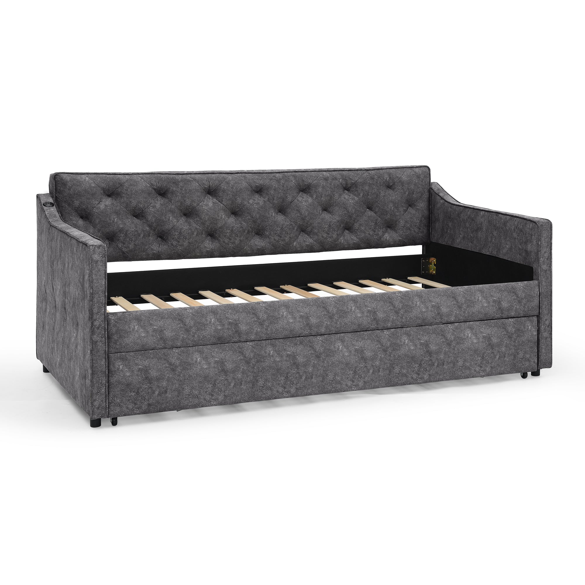 Grey Velvet Mid-Century Style Twin Upholstered Daybed with Pop-Up Trundle and USB Charging Armrest - Grand Goldman Shop