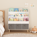 Kids Bookshelf with 3 Fabric Storage Bins, White Wooden Book Display Organizer for Toddlers and Children, Front-Facing Book R
