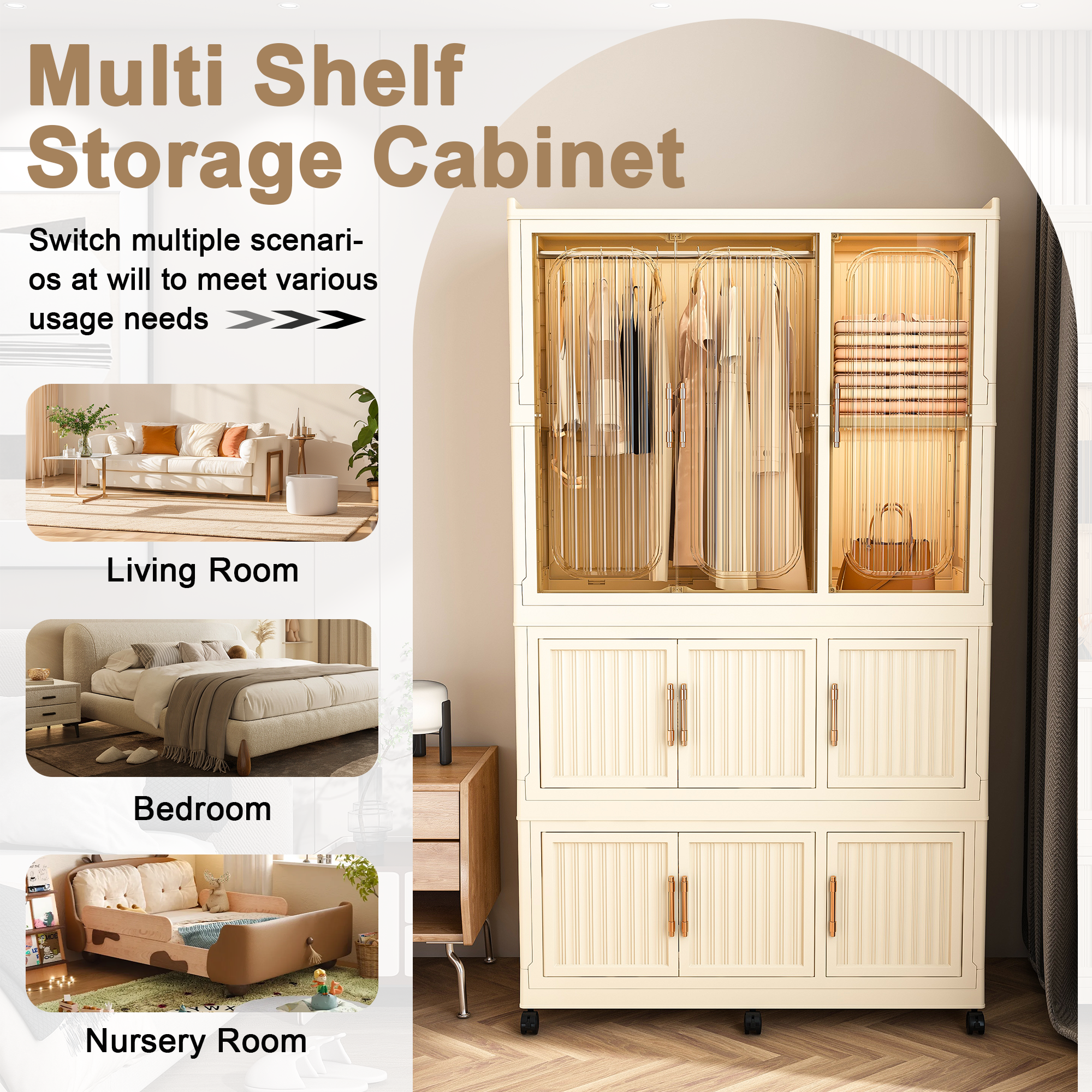 Portable Wardrobe Closet Storage Organizer with 9 Magnetic Doors, Cream White, - Grand Goldman Shop