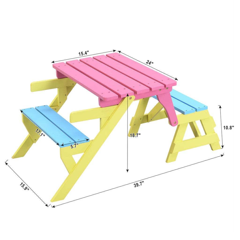 Kids Multi-Functional Arm Chair, Table + 2 Benches All-in-One Set, Blue + Pink, Wood, 40.60 x 20.10 x 18.70 inches - Grand Go