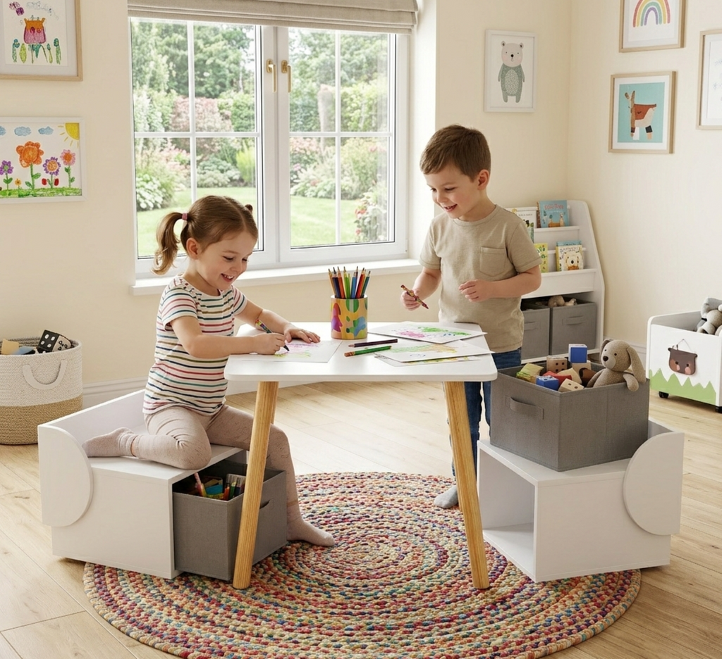 Kids Table and 2 Chair Set with Storage Bins, 3-Piece Toddler Activity Play Table for Arts & Crafts, Reading, Drawing, Wooden