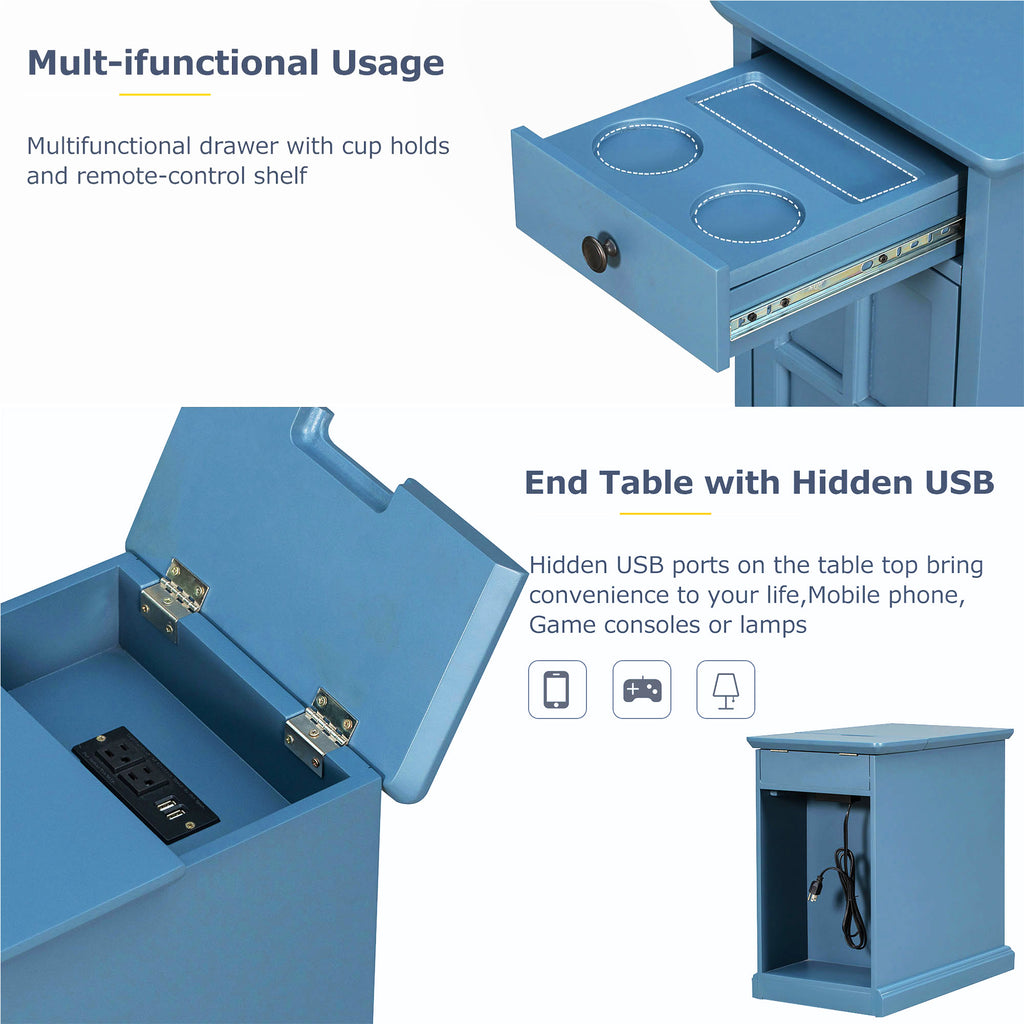 U-Can Classic Vintage Livingroom End Table Side Table with USB Ports and One Multifunctional Drawer with cup holders, Antique Navy (Old SKU: WF296294AAM) - Grand Goldman Shop