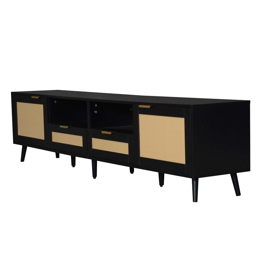 Modern Farmhouse Rattan TV Stand for TVs up to 85'', Black MDF and Solid Wood Media Console with Cable Management, 78.74'' L x 14.6'' W x 18.9'' H - Grand Goldman Shop