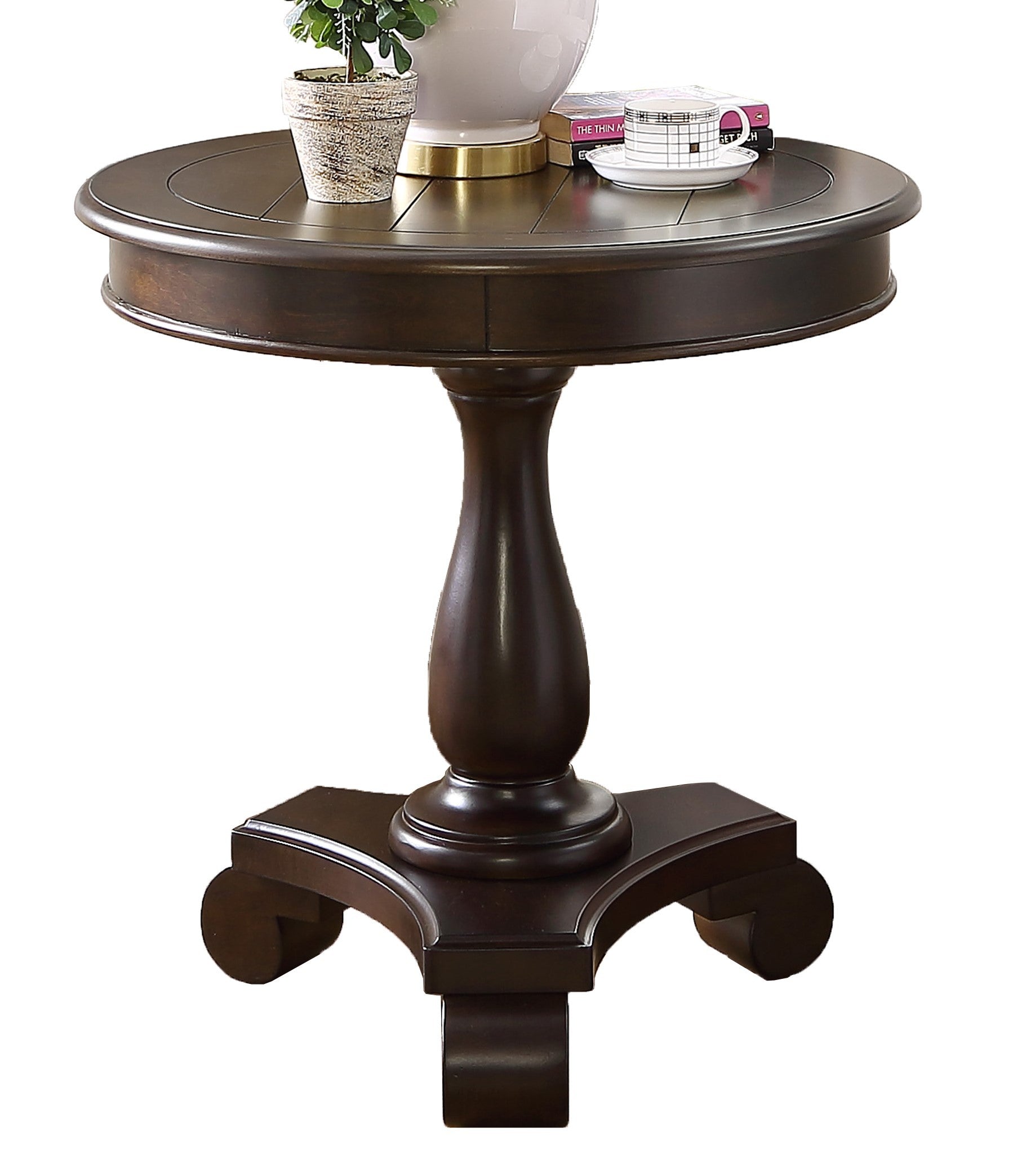 Rene Round Wood Pedestal Side Table, Espresso - Grand Goldman Shop