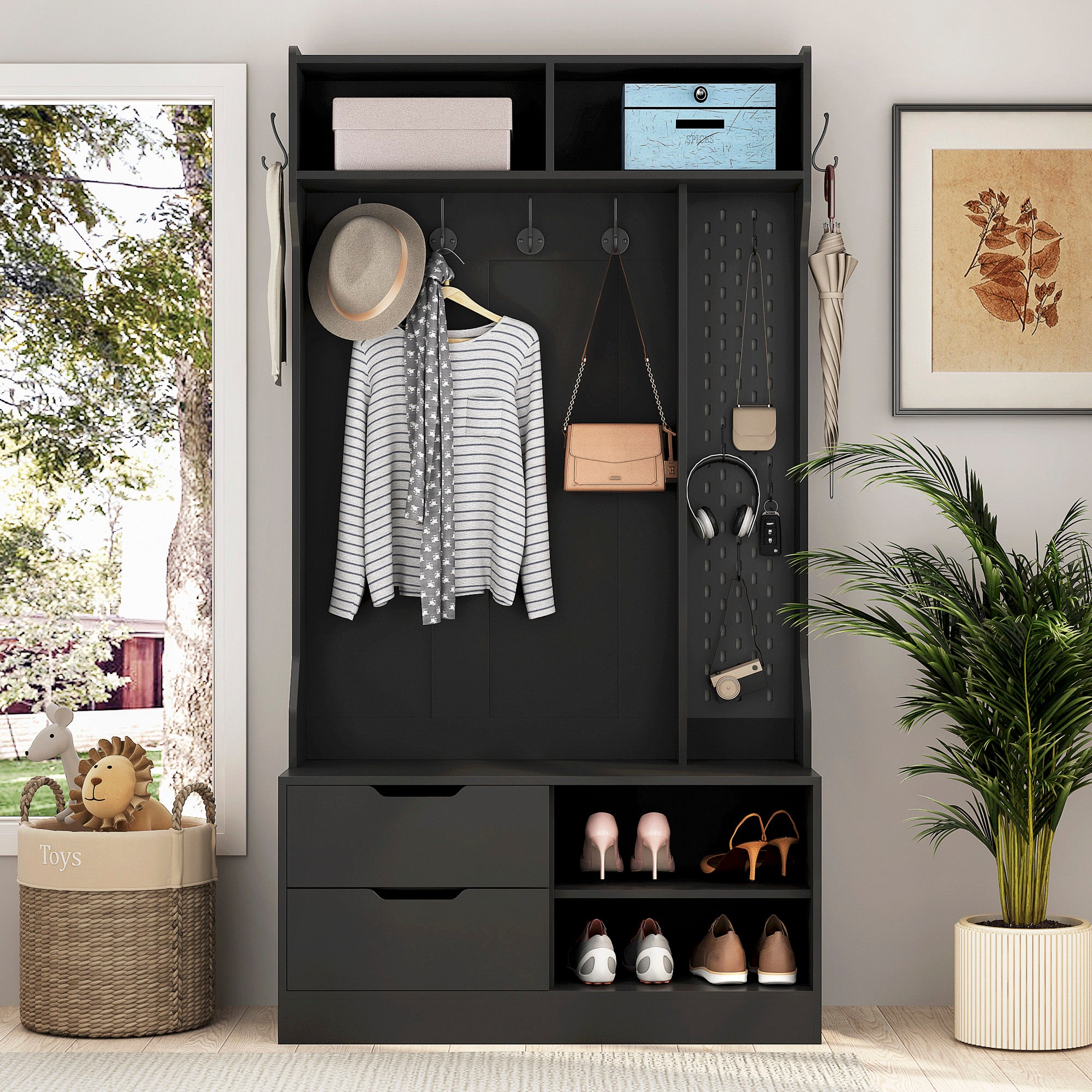 Hall Tree with 6 Hooks,Coat Hanger, Entryway Bench, Storage Bench,for Entrance, Hallwa,black - Grand Goldman Shop