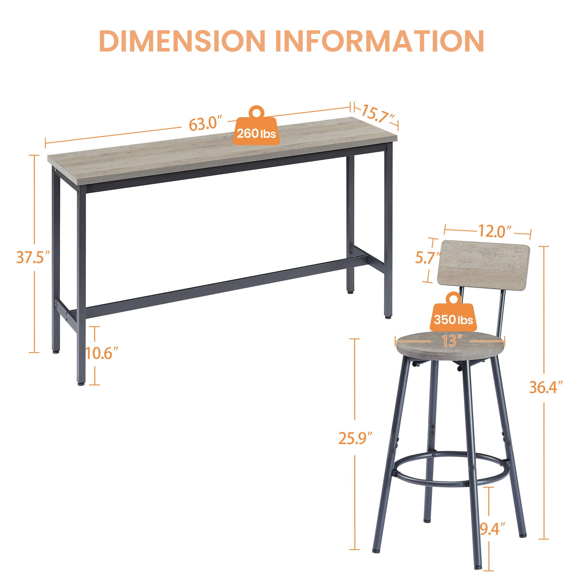 Long Bar Table Set with 3 PU Upholstered Bar Stools, Industrial Bar Table and Chairs for Kitchen Breakfast Table, Living Room, Banquet Hall, Rustic Gray and Black, 63″L x15.7'W x 37.5'H - Grand Goldman Shop
