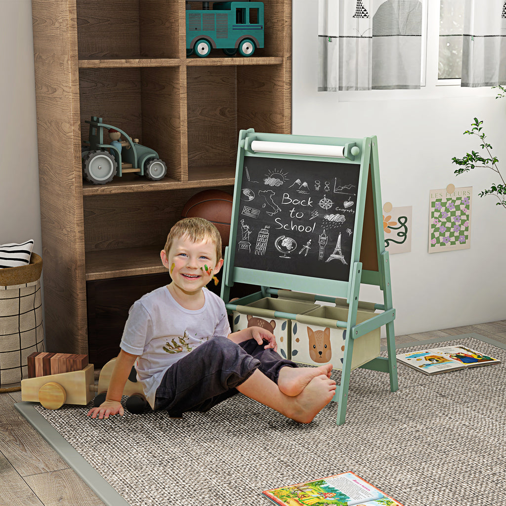 Qaba Art Easel for Kids with Paper Roll, 3 in 1 Toddler Painting Easel with Blackboard, Whiteboard, Storage Baskets, Green - 