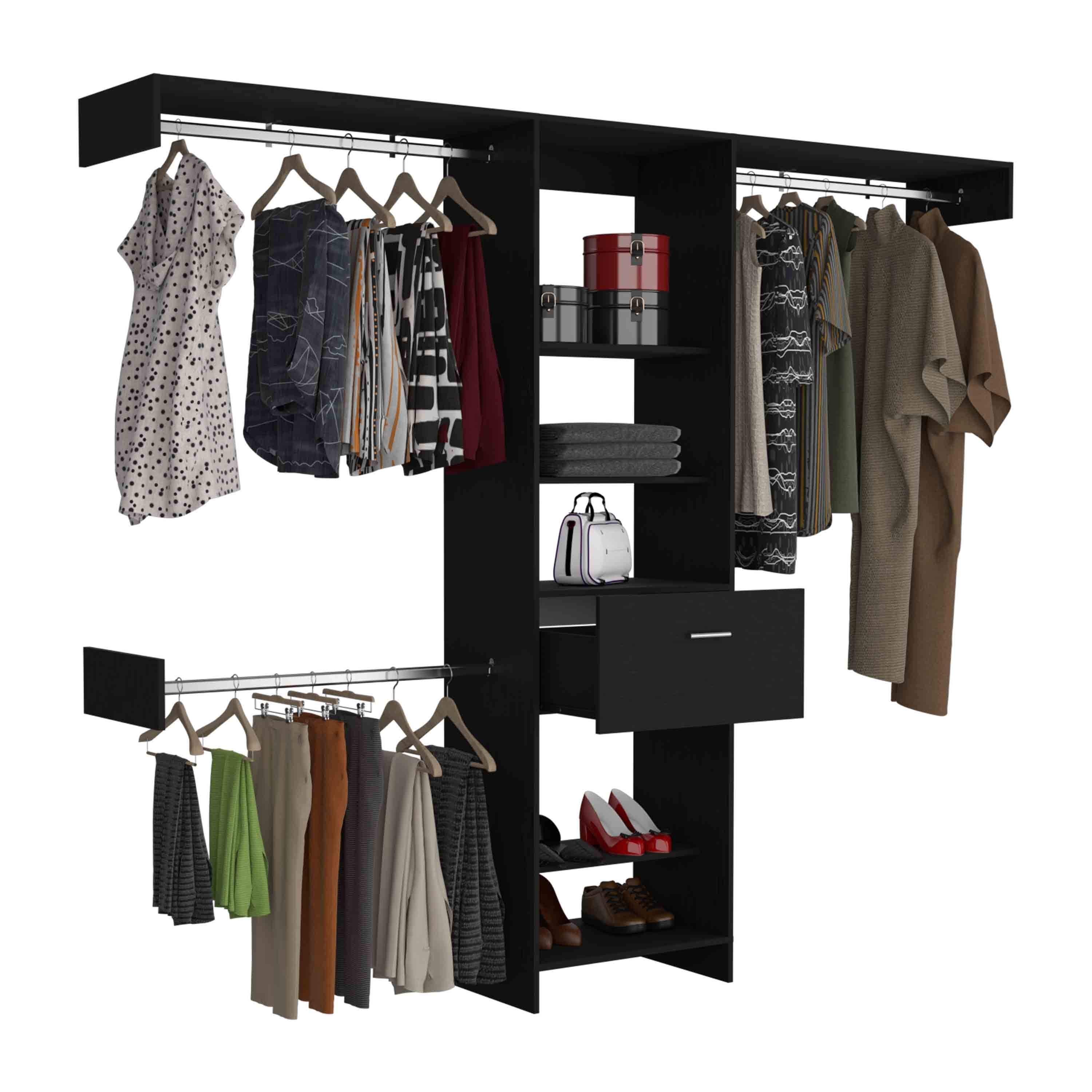 Manchester 250 Closet System, Five Open Shelves, One Drawer, Three Metal Rods -Black - Grand Goldman Shop