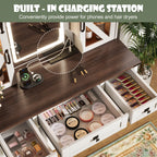 43.3' Farmhouse Makeup Vanity Desk with Lighted Mirror, Vanity Table Set with Charging Station, Dressing Table with Sliding Barn Door Hidden Shelves & 3 Drawers & 4 Cabinets, Beige - Grand Goldman Shop