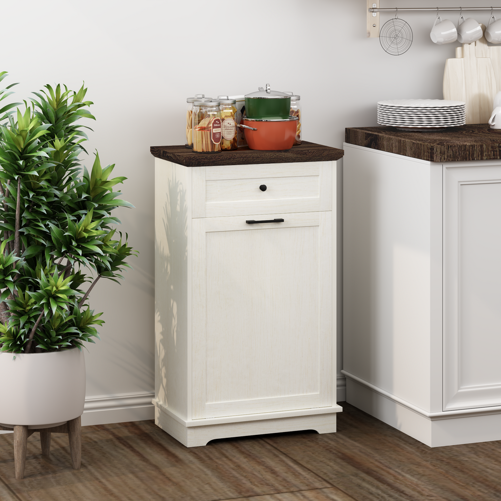 10 Gallon Tilt Out Trash Cabinet Freestanding Trash Bin Cabinet Wood Garbage Recycling Cabinet with Drawer Pet Proof Trash Can Holder for Kitchen Living Room, Antique White (Not include trash can) - Grand Goldman Shop