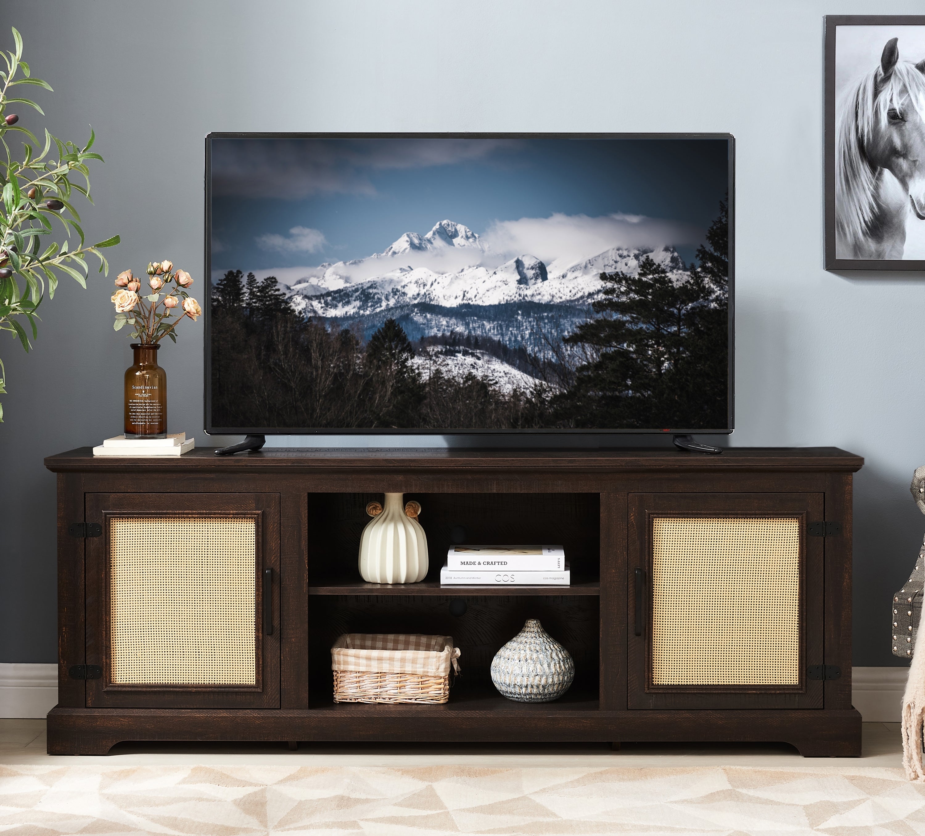 Farmhouse Rattan TV Stand Console Table for TVs up to 70 Inches, TV Console Table with 2 Storage Shelves, 2 Natural Rattan Door Cabinets, 65'W*15.55'D*23.86'H, Espresso - Grand Goldman Shop