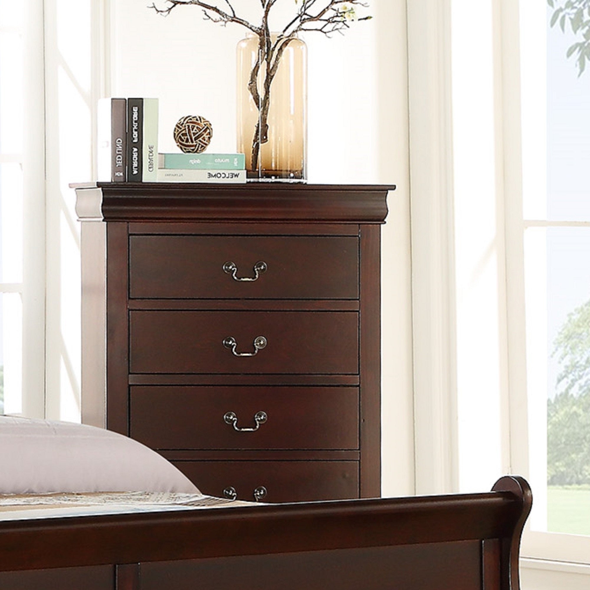 Contemporary Louis Philip Cherry Finish Chest with Five Drawers Solid Wood Ample Storage - Grand Goldman Shop