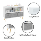 Kids Bookcase with Collapsible Fabric Drawers, Children's Book Display, Toy Storage Cabinet Organizer, White/Gray, MDF+Pine -
