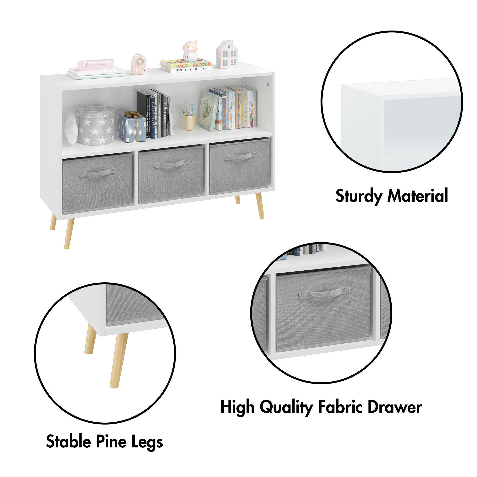 Kids Bookcase with Collapsible Fabric Drawers, Children's Book Display, Toy Storage Cabinet Organizer, White/Gray, MDF+Pine -
