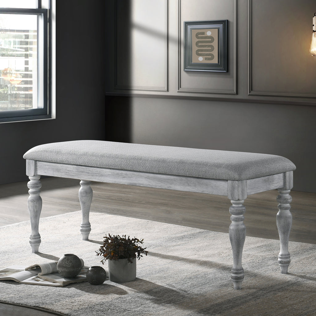 Salines Upholstered Turned Leg Dining Bench, Rustic White - Grand Goldman Shop
