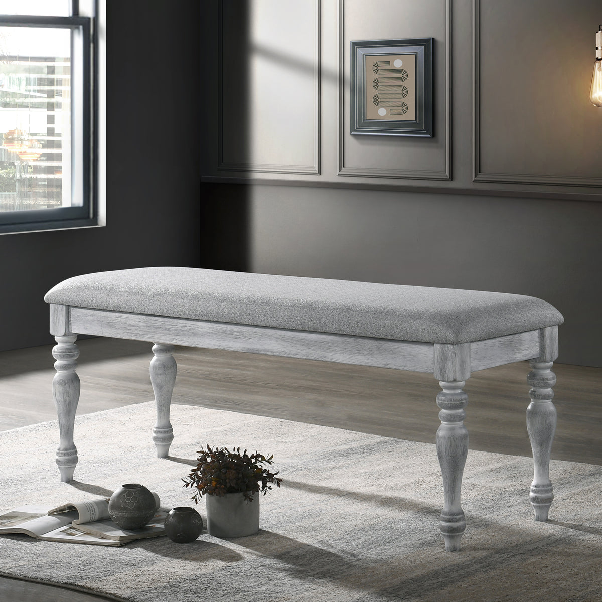 Salines Upholstered Turned Leg Dining Bench, Rustic White - Grand Goldman Shop